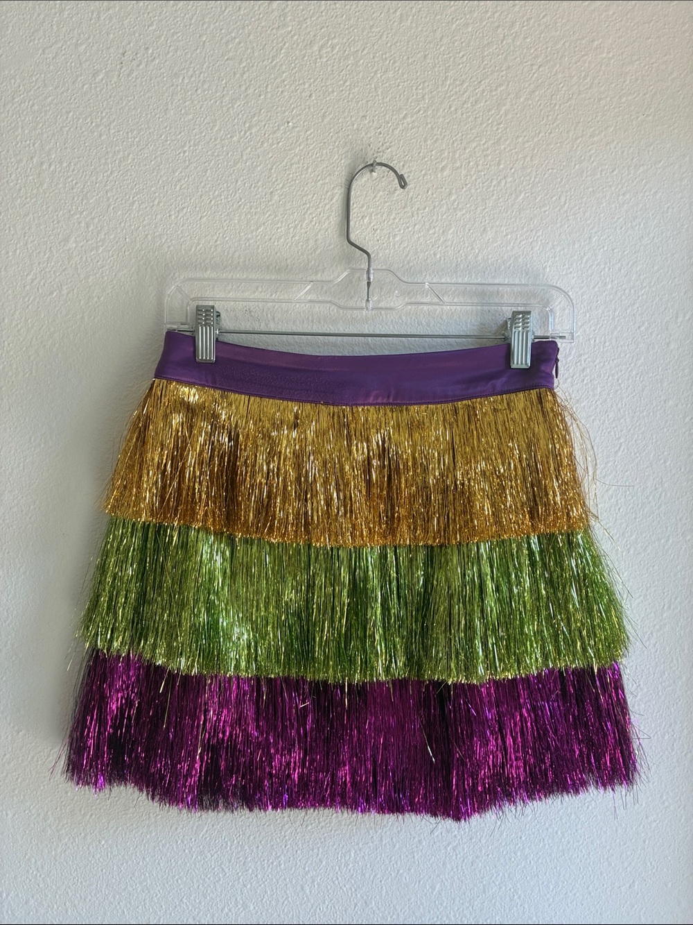 Mardi Gras Metallic Fringe Tiered Mini Skirt in Purple, Gold & Green